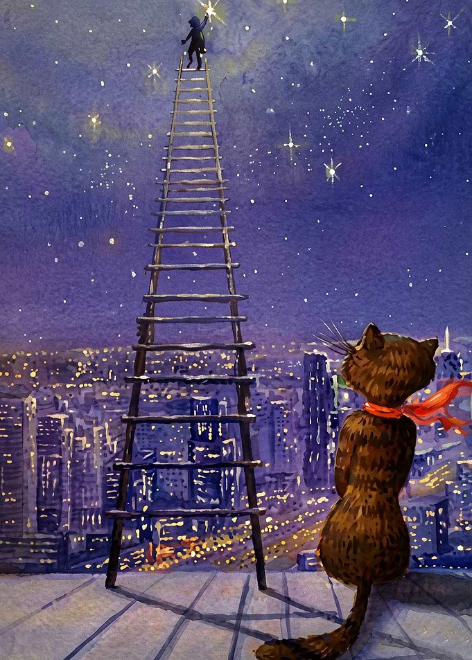 Cat Star Ladder Magic Watercolor Ar