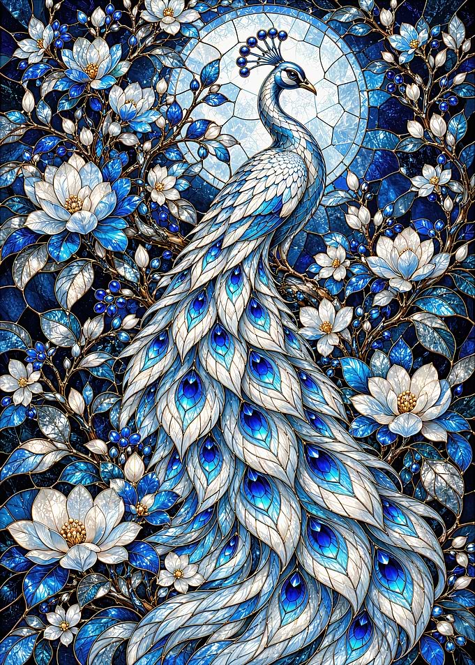 Stained Glass Peacock and Floral Art
