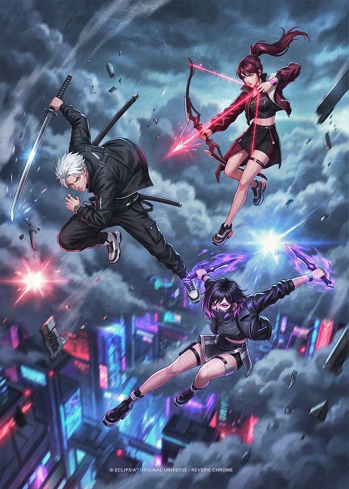 Reverie Chrome Futuristic Warriors in Mid-Air Battle