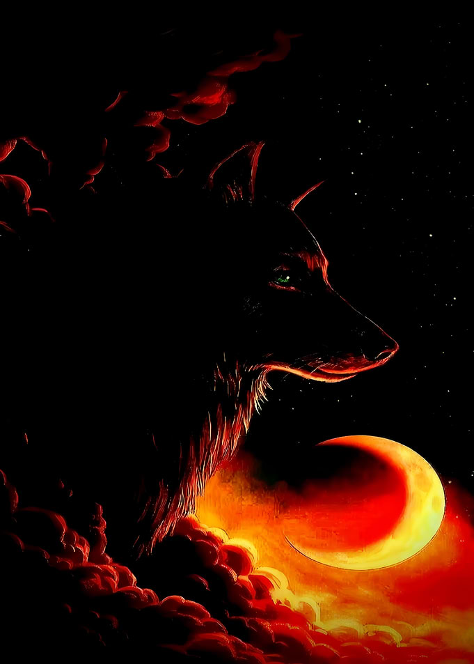 Wolf Silhouette Under Red Moon