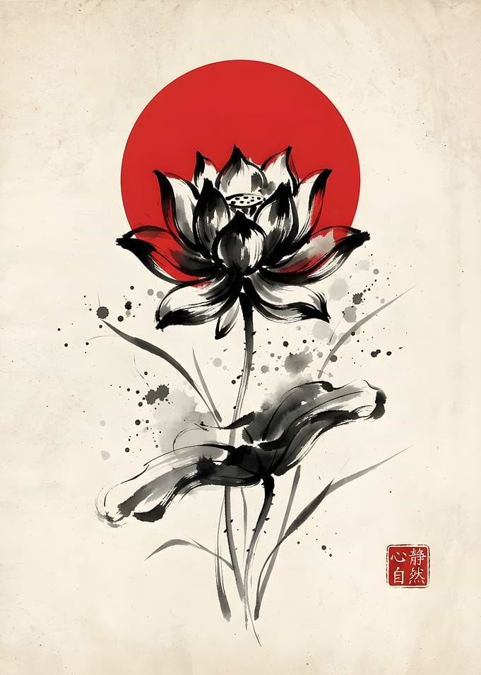 Lotus Flower Japanese Ink Wash Poster — Sumi-e Red Sun Wall Art Zen Minimalist Print