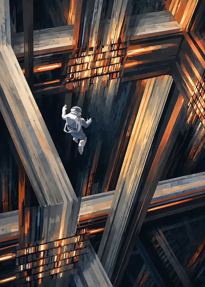 Astronaut Floating in Abstract Structure
