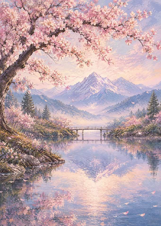 Serene Cherry Blossom Mountain Landscape