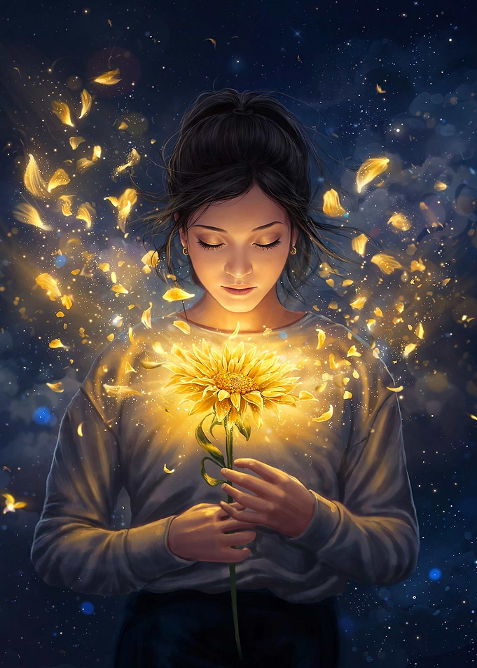 Girl Holding a Glowing Sunflower