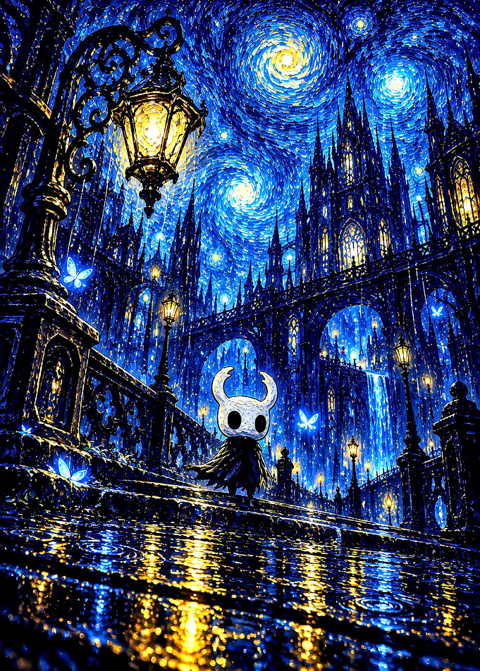 Hollow Knight in Starry Night Style