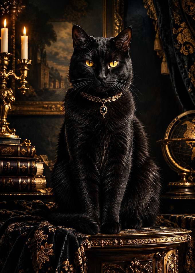 Regal Black Cat in Victorian Study