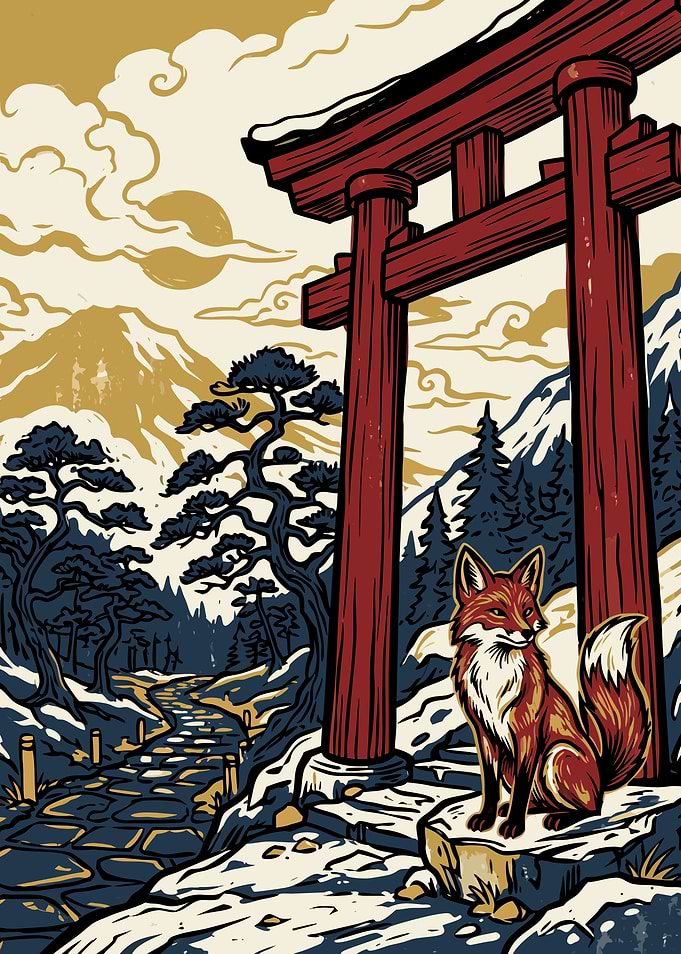 Japanese Torii Gate and Fox – Ukiyo-e Mountain Shrine Art