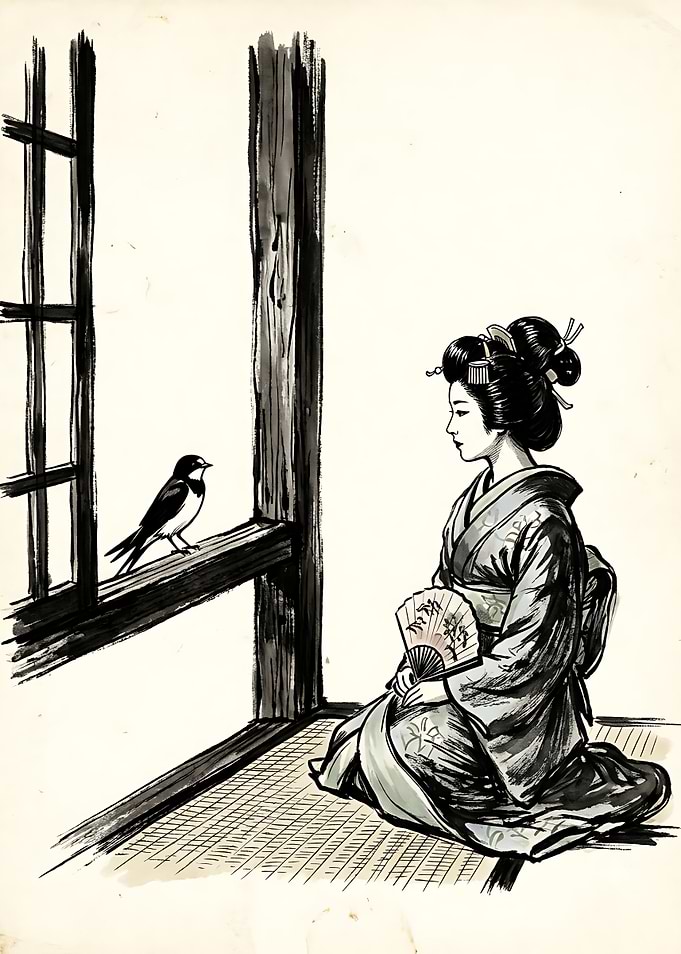 Geisha and Bird by Window