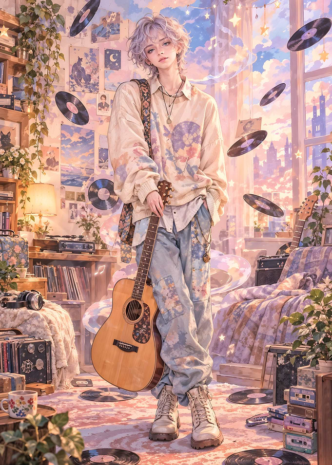 Anime Boy with Guitar in Room