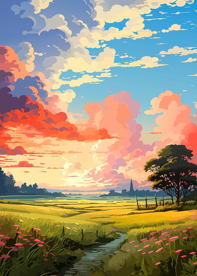 Vibrant Sunset Over Rolling Meadow
