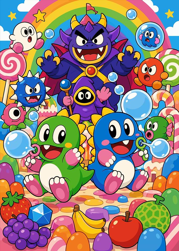 Bubble Bobble Characters in Candy Land