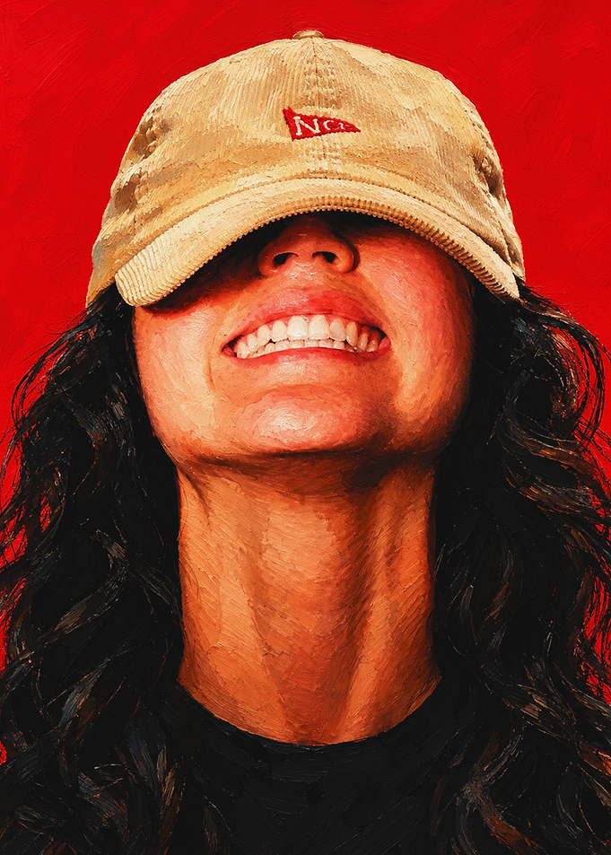 Oil Painting of Smiling Woman in Cap