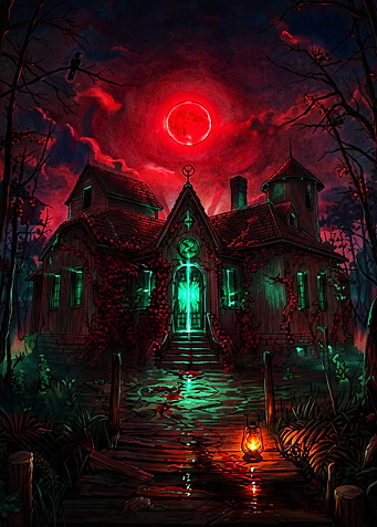 Haunted House Under Red Moon