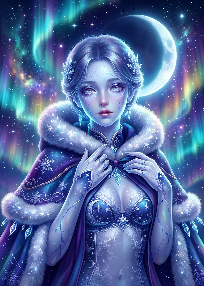 Ethereal Winter Goddess Under Aurora