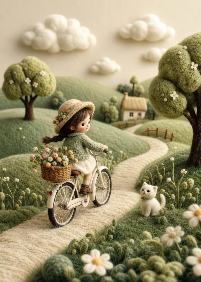 Felted Girl Riding Bicycle in Meadow