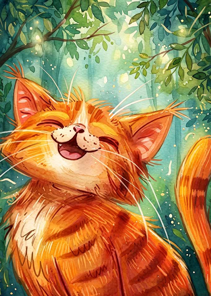 Happy Cat Forest Watercolor Art