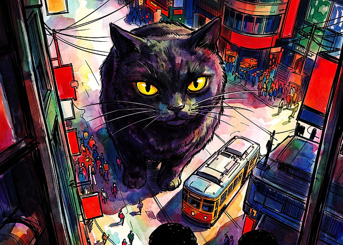 Giant Cat Tokyo Street Watercolor P