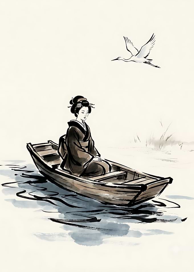 Geisha in a Boat with Crane