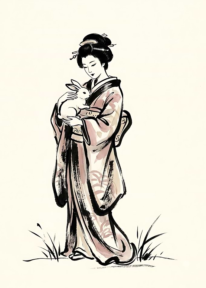 Geisha Holding a White Rabbit