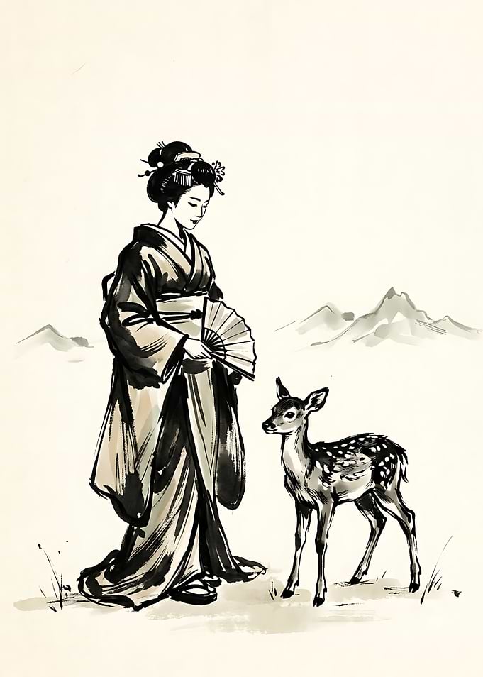 Geisha with Fawn Ink Wash Painting