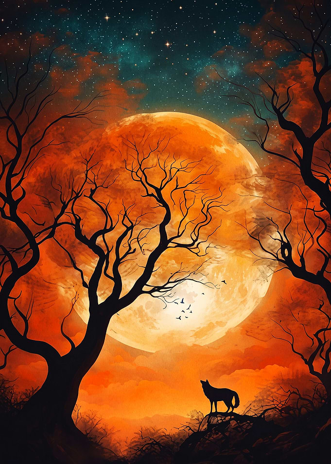 Wolf Blood Moon Autumn Tree Art