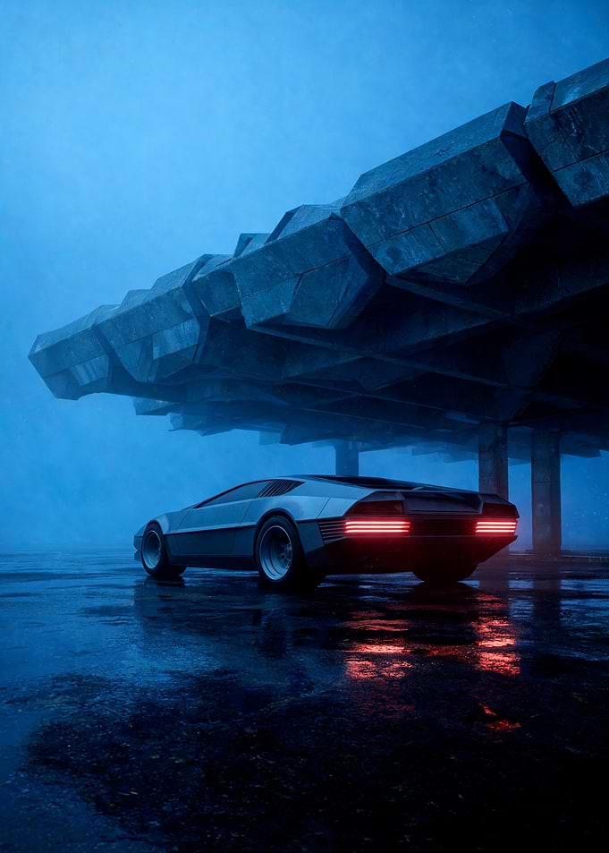 Retro Sports Car Under Brutalist Structure