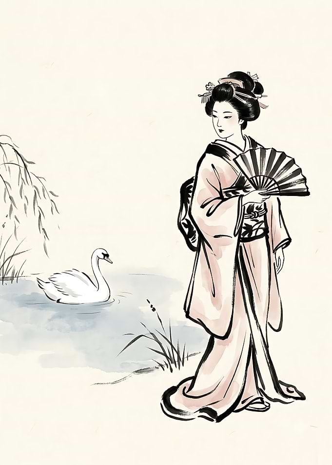 Geisha with Swan by Pond