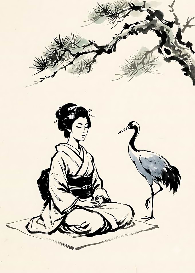 Geisha Meditating with Crane