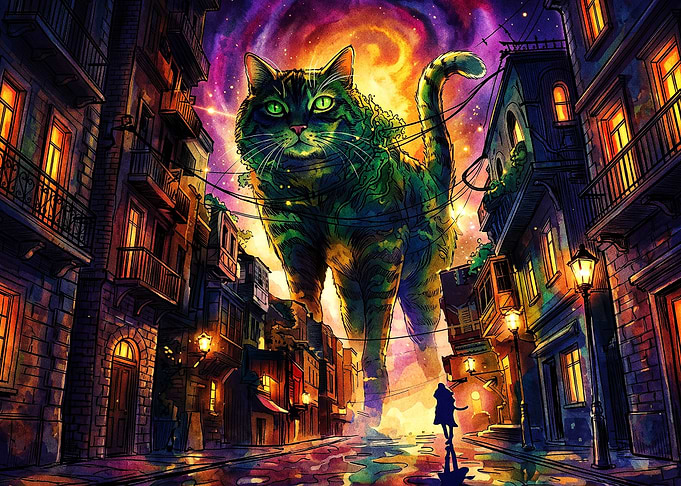 Giant Cosmic Cat City Fantasy Art
