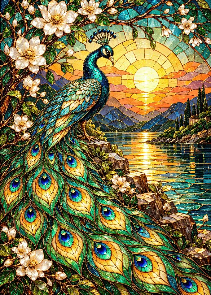 Stained Glass Peacock at Sunset