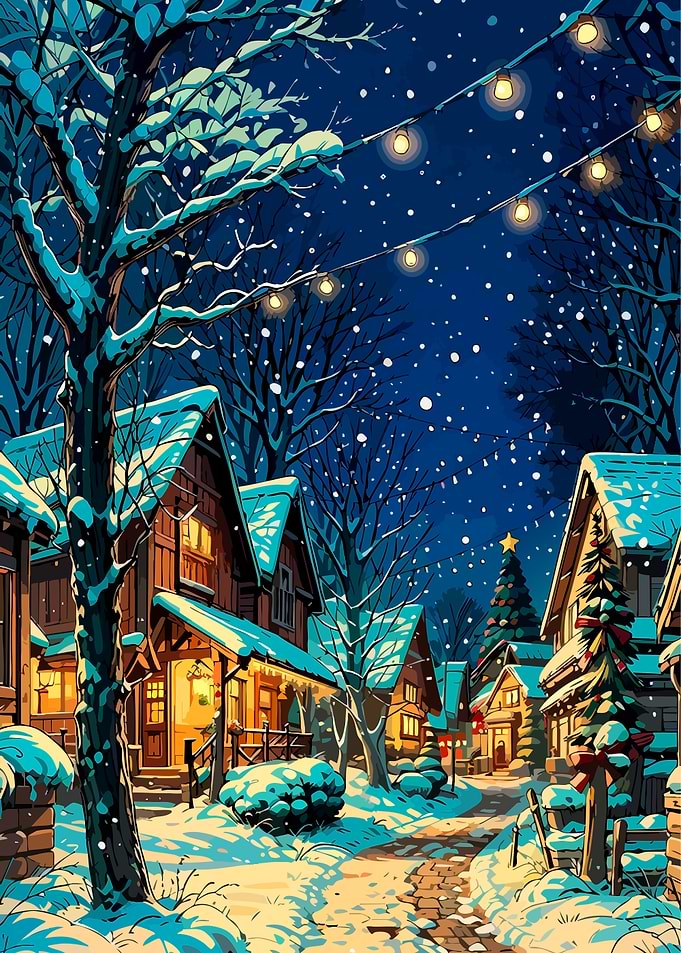 Cozy Snowy Christmas Village Night