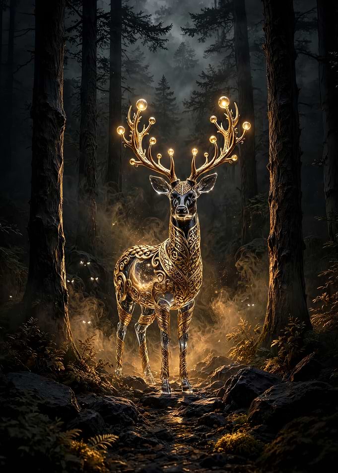 Golden Enchanted Deer in Dark Forest