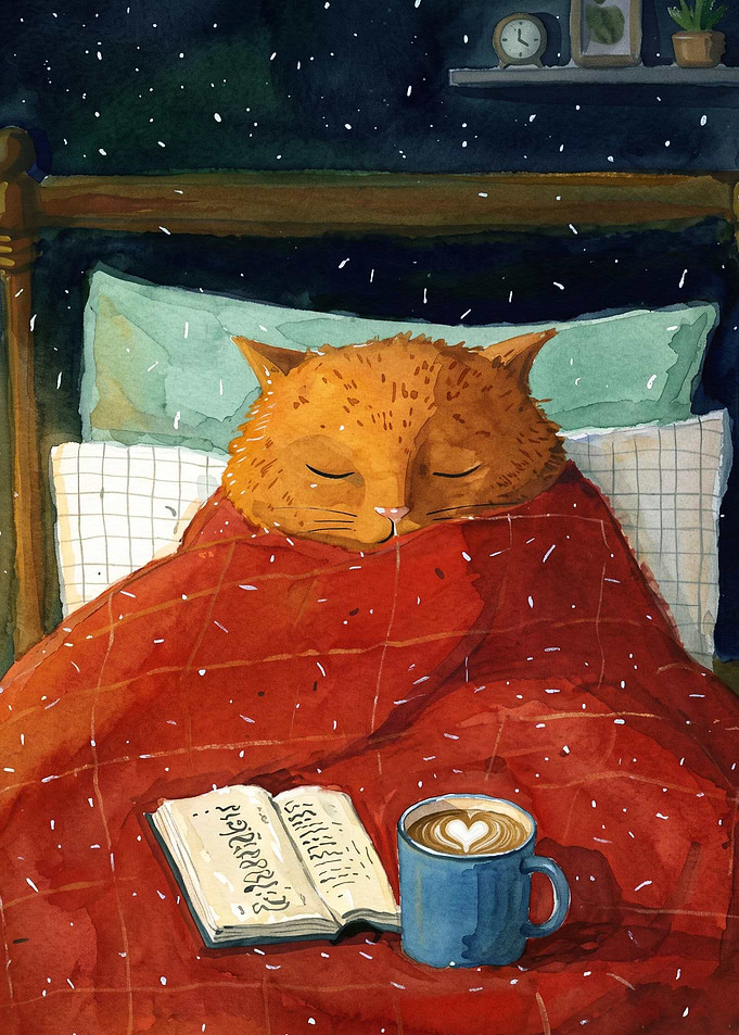 Sleeping Cat Cozy Watercolor Art