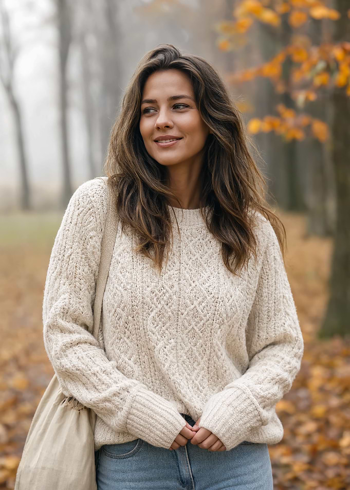 Woman in Cream Cable Knit Sweater
