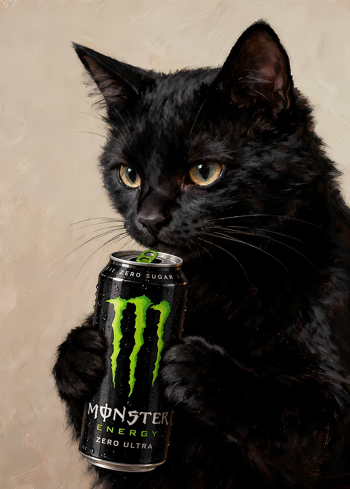 Black Cat Holding Monster Energy Drink
