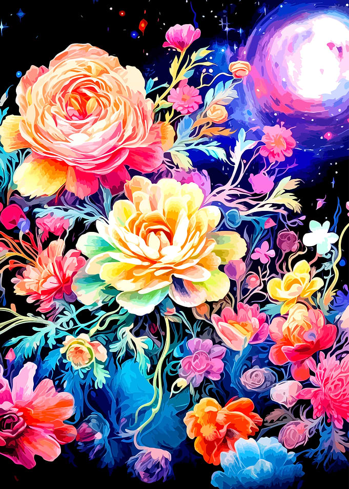 Vibrant Cosmic Floral Garden Illustration