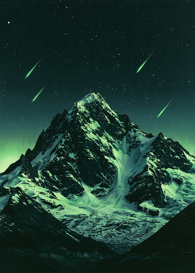 Green Meteor Shower Over Snowy Mountain