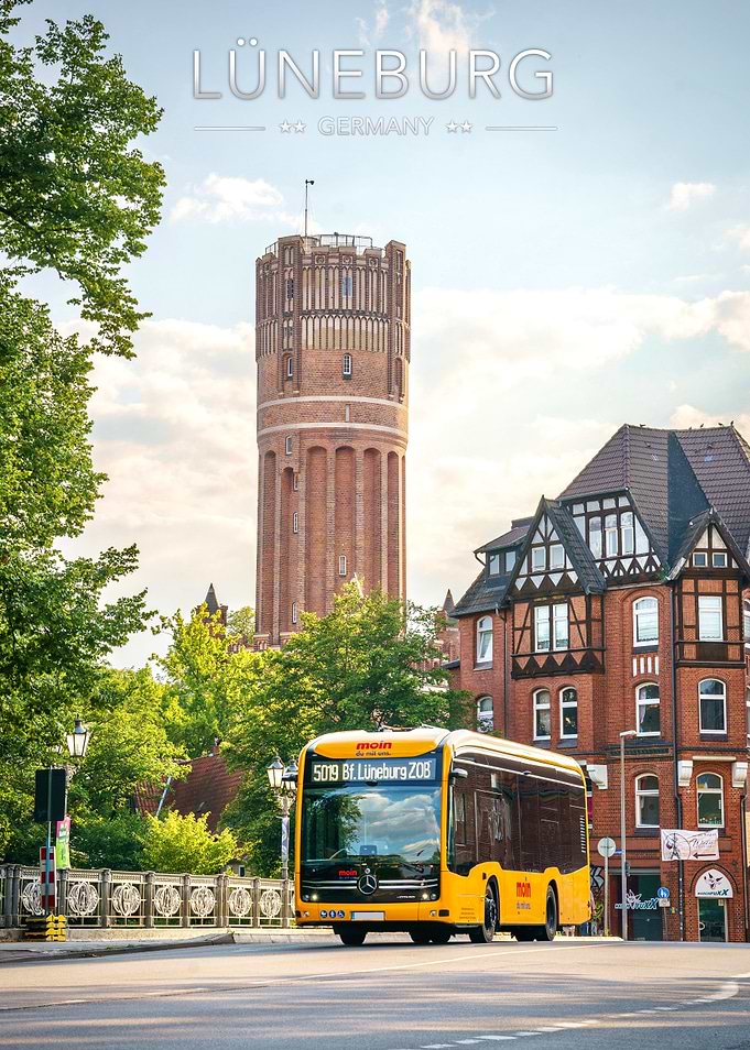 Lüneburg Water Tower and City Bus over a bridge