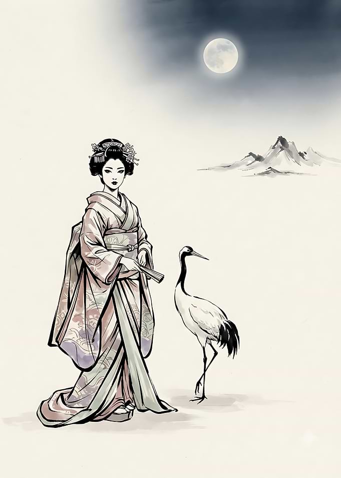 Geisha and Crane Under Moonlight