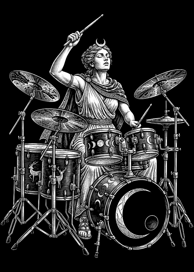 Artemis Goddess Playing Drums Illustration