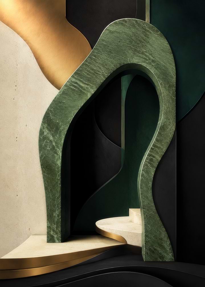 Serpentine Stone Asymmetric Arch with Ivory Travertine, Black Panels and Brushed Brass Architectural Curves