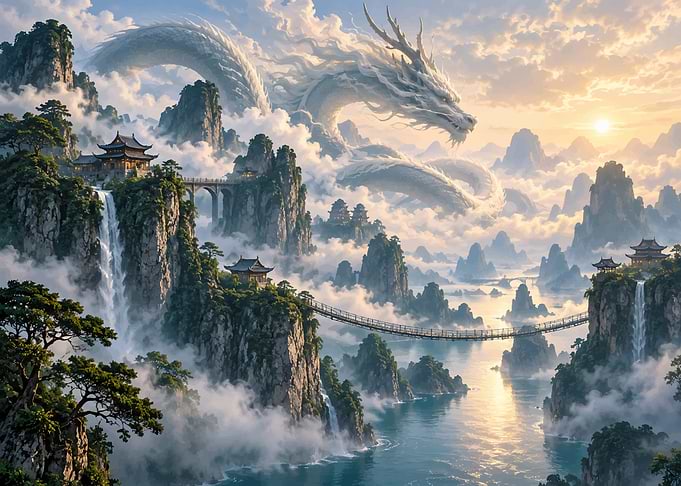Majestic White Dragon Over Mountain Peaks