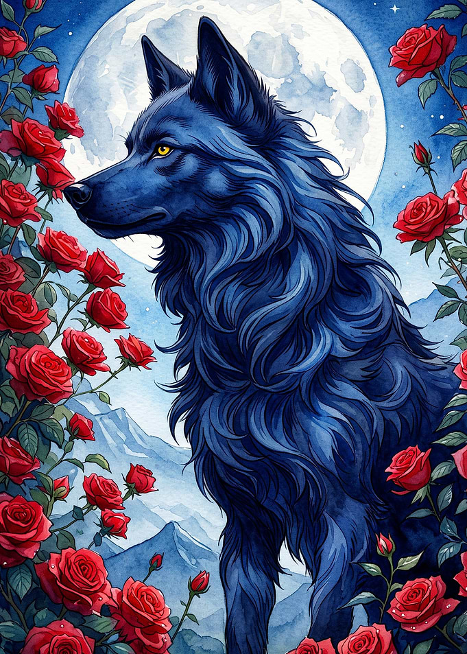 Blue Wolf Red Roses Watercolor Art