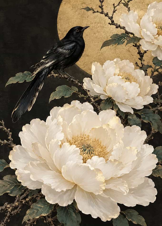 Black Bird on White Peonies