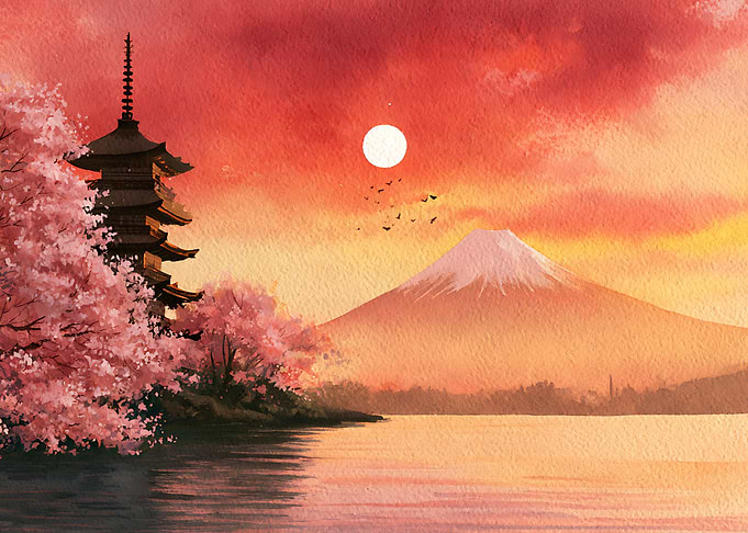 Mount Fuji and Pagoda at Sunset