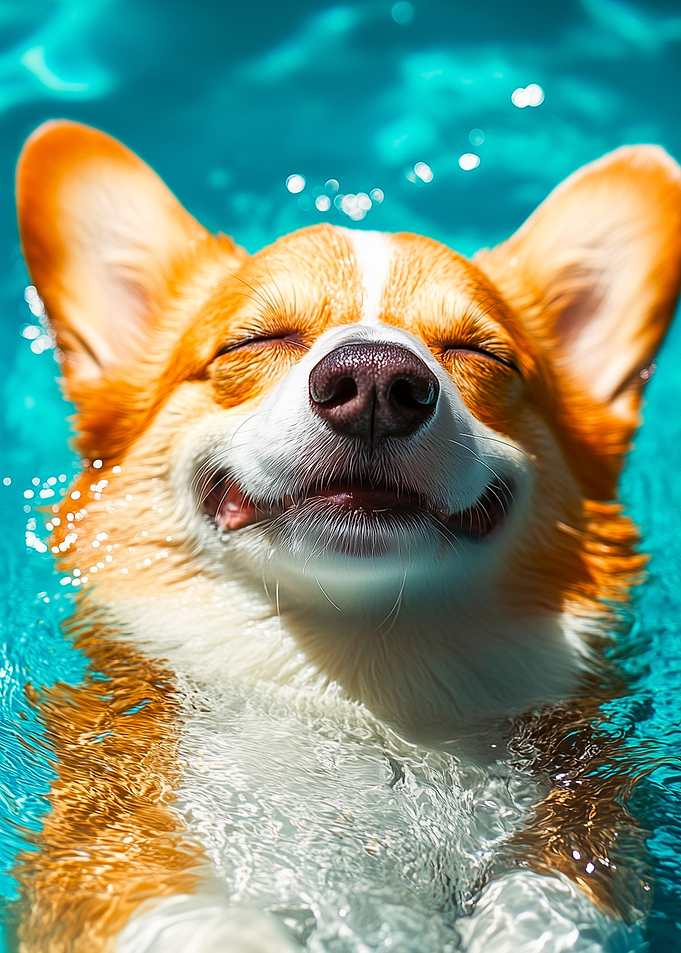 Happy Corgi Swimming in Pool
