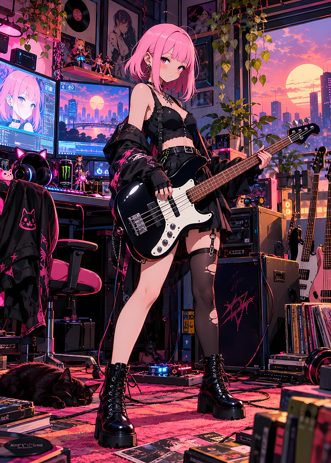 Anime Girl Playing Bass in Studio