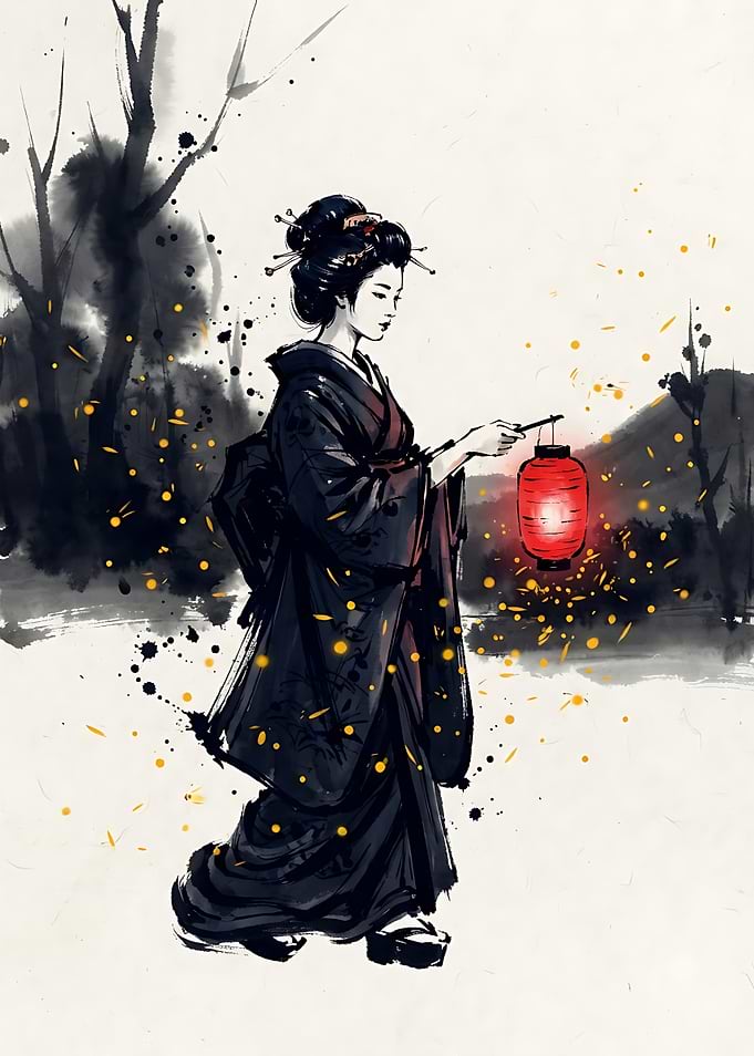 Geisha with Red Lantern Ink Wash