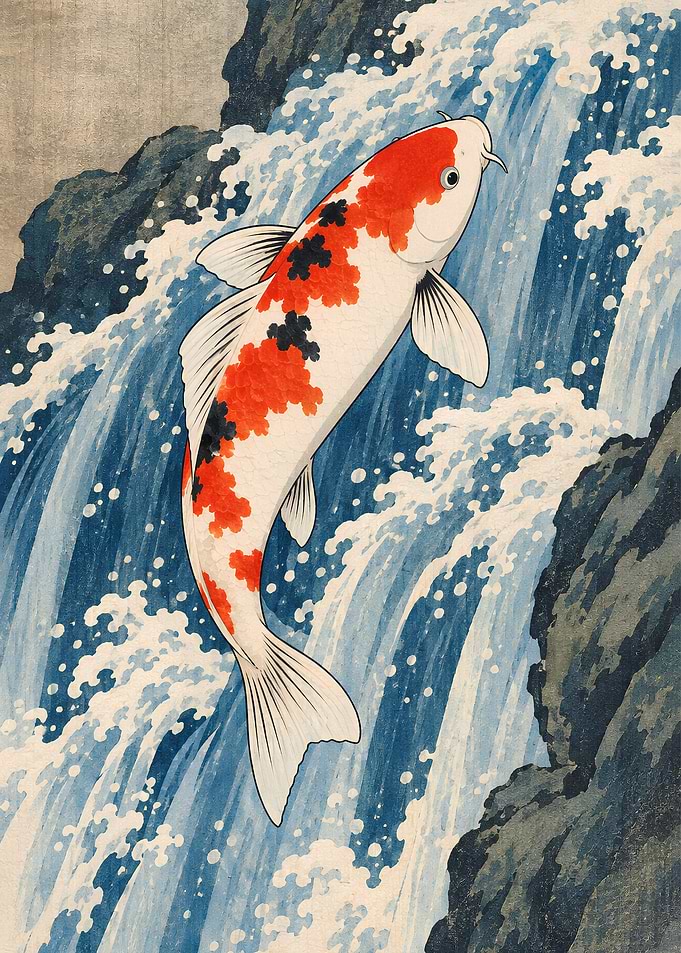 Koi Waterfall Leap – Taisho Sanke Nishikigoi Woodblock Style