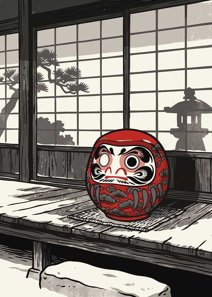 Red Daruma Doll on Japanese Porch